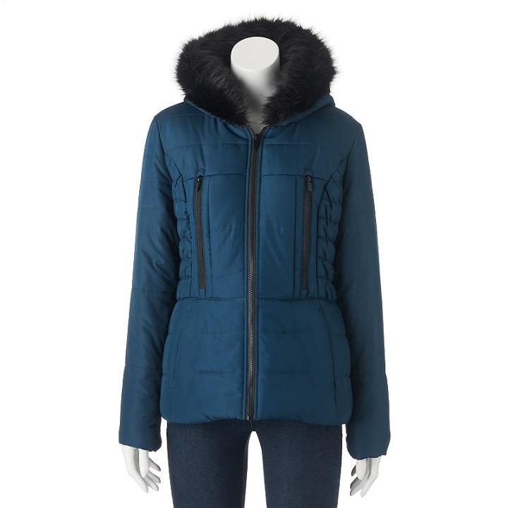 Juniors' Pink Envelope Faux-fur Puffer Jacket, Girl's, Size: Xs, Dark Green