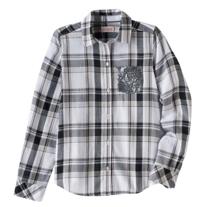 Girls Plus Size So&reg; Shine Plaid Button-down Shirt, Size: 14 1/2, Black