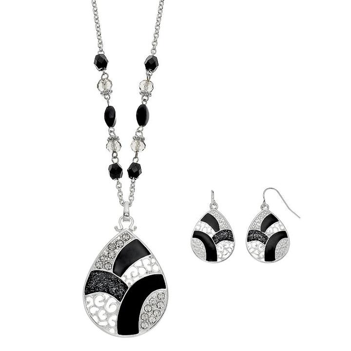 Long Black Colorblock Teardrop Pendant Necklace & Earring Set, Women's, Grey