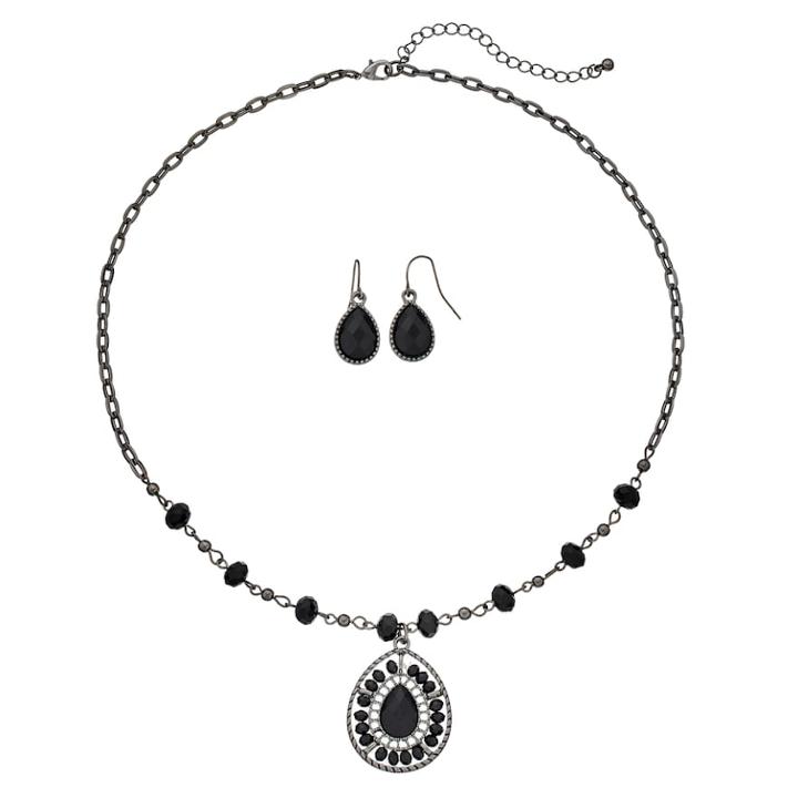 Black Beaded Teardrop Pendant Necklace & Drop Earring Set, Women's, Charcoal