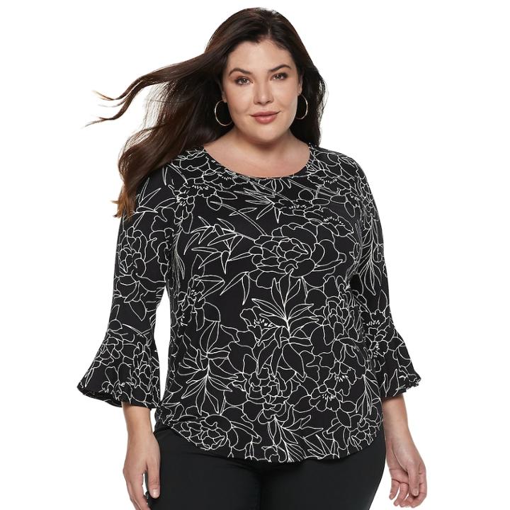 Plus Size Apt. 9&reg; Print Bell Sleeve Top, Women's, Size: 3xl, Black