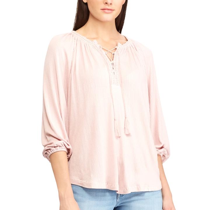 Women's Chaps Lace-trim Peasant Top, Size: Medium, Pink