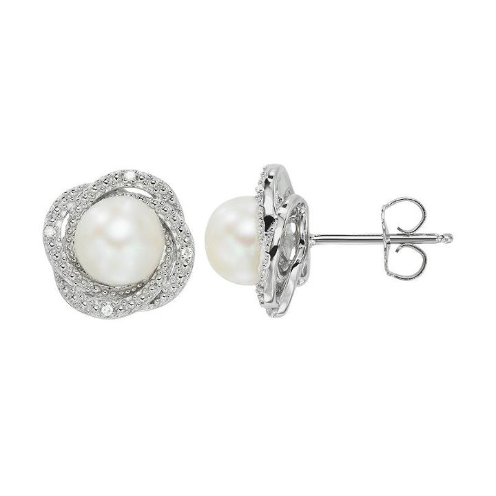 Freshwater Cultured Pearl & Diamond Accent Sterling Silver Halo Button Stud Earrings, Women's, White