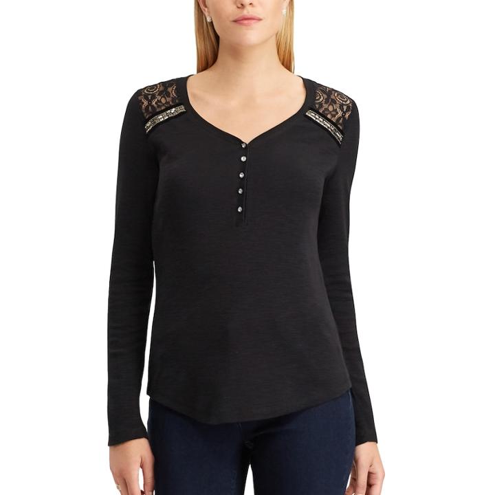 Women's Chaps Lace-trim Henley, Size: Xs, Black