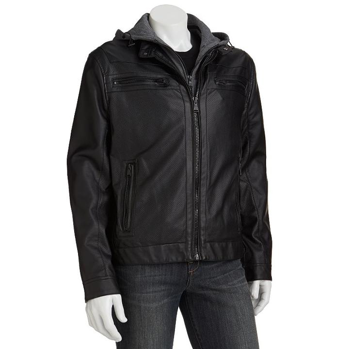 Men's Excelled Faux-leather Hooded Motorcycle Jacket, Size: Small, Black