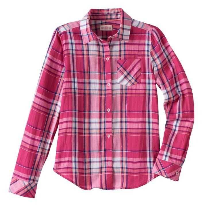 Girls Plus Size So&reg; Shine Plaid Button-down Shirt, Size: 18 1/2, Med Pink