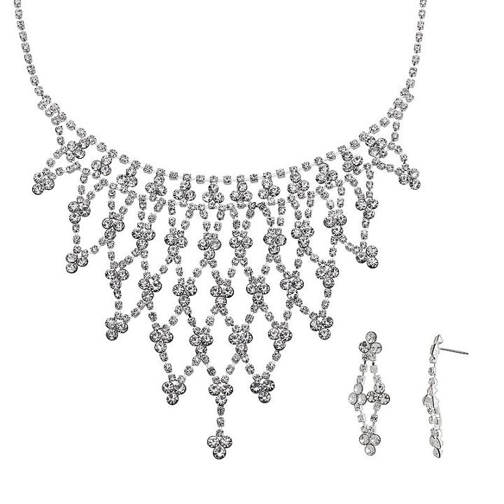 Crystal Allure Openwork Bib Necklace And Kite Drop Earring Set, Women's, Size: 14.5, White