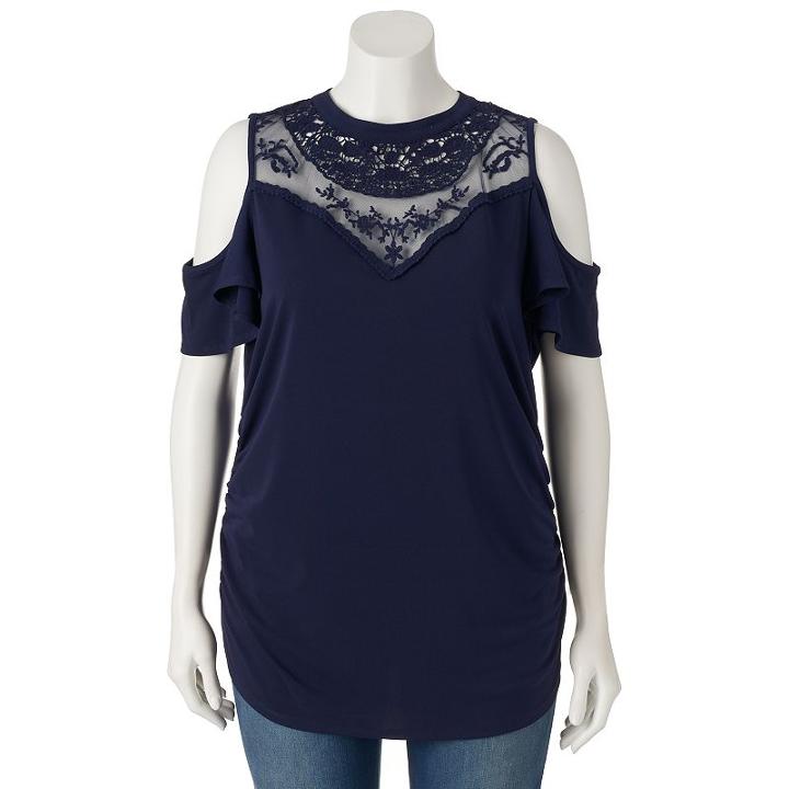 Juniors' Plus Size Heartsoul Illusion Cold-shoulder Top, Girl's, Size: 1xl, Blue (navy)