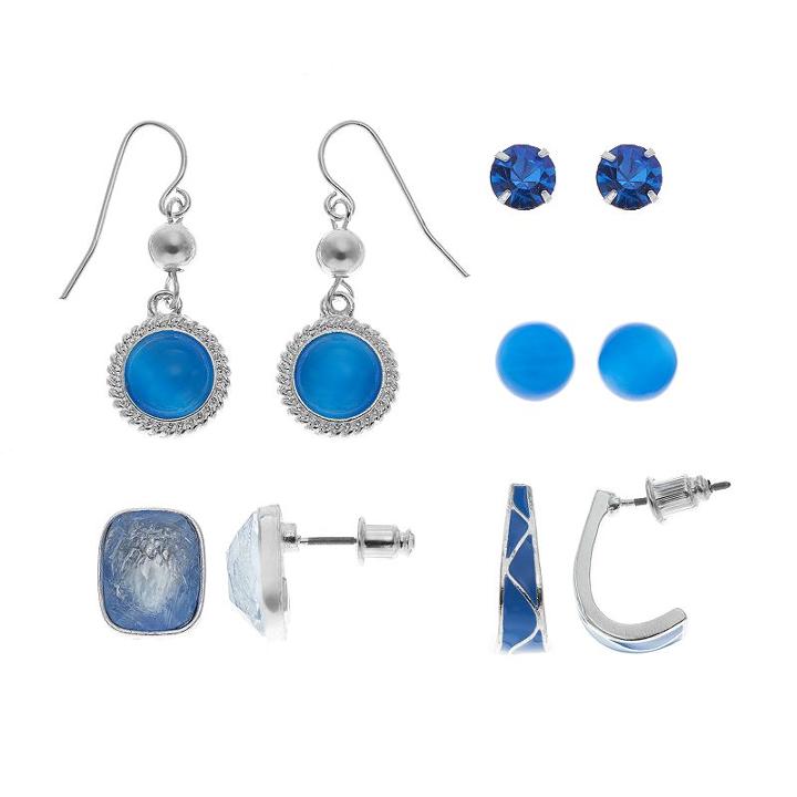 Ball & Rectangle Stud, J-hoop & Drop Earring Set, Women's, Blue