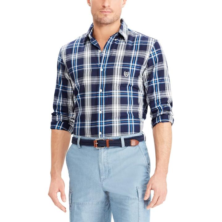 Men's Chaps Classic-fit Checked Performance Twill Button-down Shirt, Size: Small, Blue (navy)