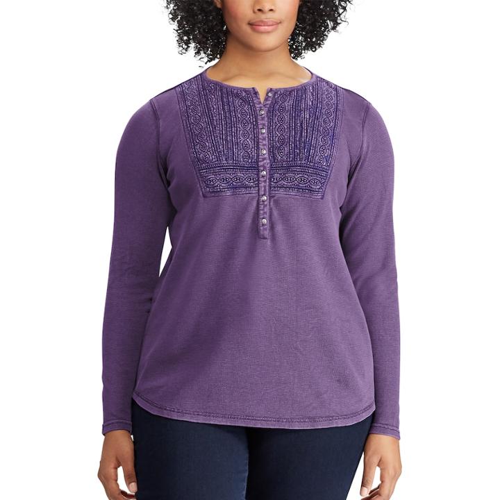 Plus Size Chaps Lace-trim Henley, Women's, Size: 1xl, Purple