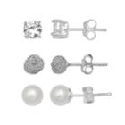 Primrose Sterling Silver Cubic Zirconia, Love Knot & Simulated Pearl Stud Earring Set, Women's, White