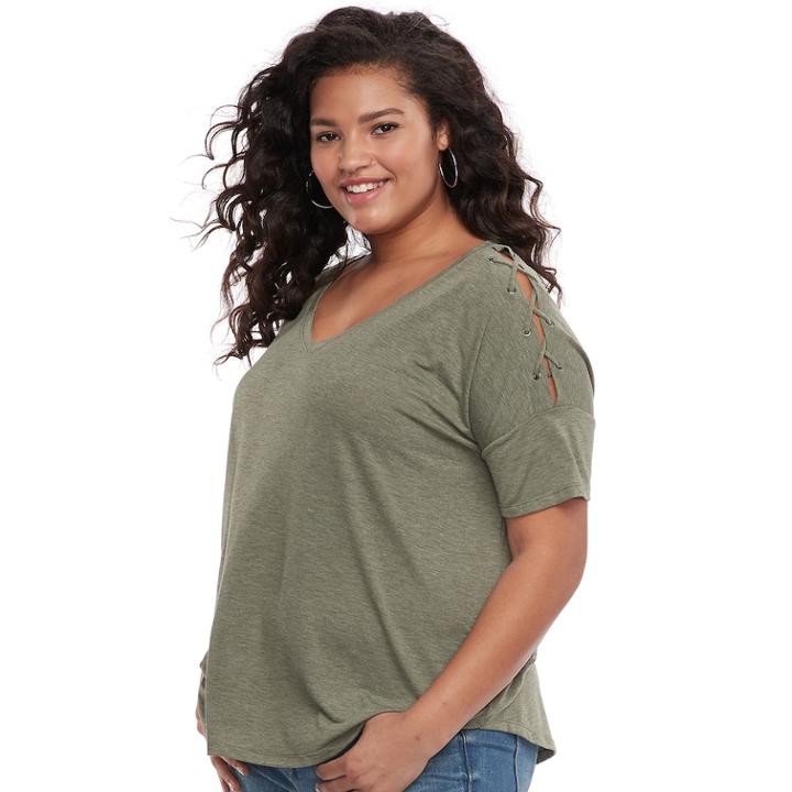 Juniors' Plus Size So Lace-up Shoulder Tee, Teens, Size: 3xl, Med Green