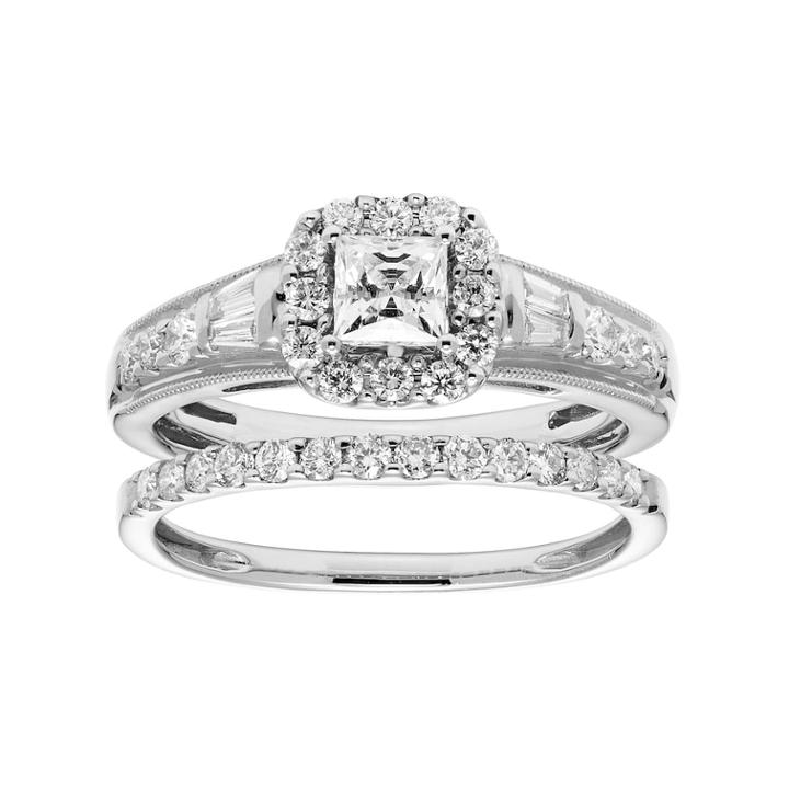 14k Gold 1 Carat T.w. Igl Certified Diamond Square Halo Engagement Ring Set, Women's, Size: 7.50, White