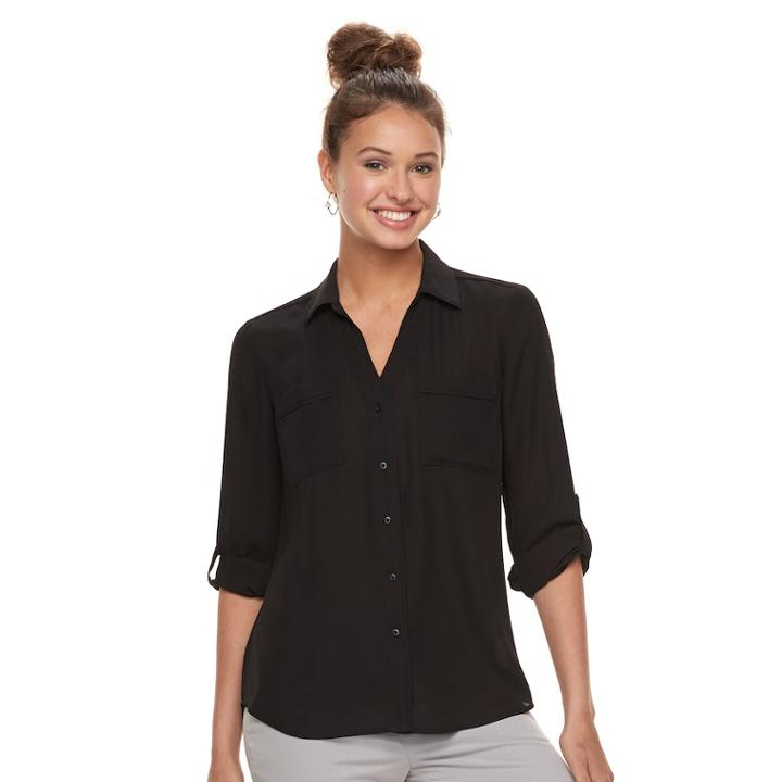 Juniors' Candie's&reg; Piped Roll-tab Blouse, Teens, Size: Xs, Black