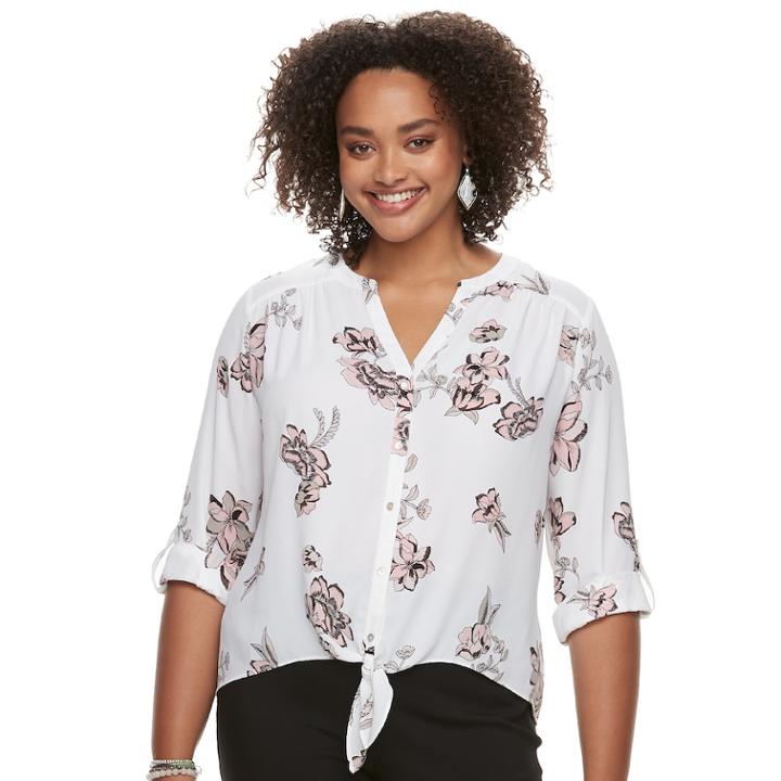 Juniors' Plus Size Candie's&reg; Floral Tie-front Crepe Shirt, Teens, Size: 3xl, White
