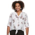 Juniors' Plus Size Candie's&reg; Floral Tie-front Crepe Shirt, Teens, Size: 3xl, White