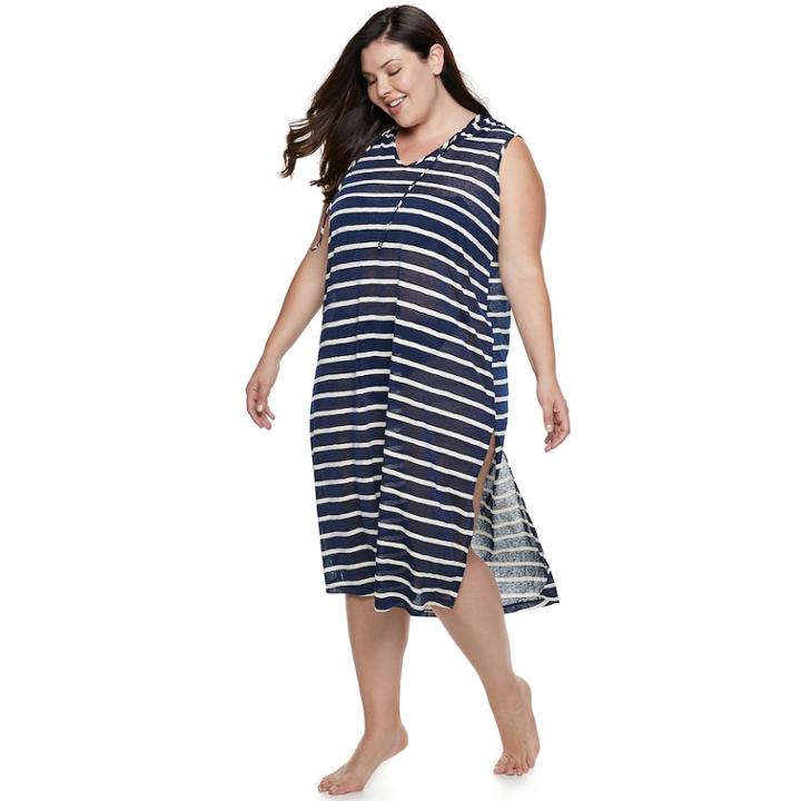Plus Size Apt. 9&reg; Striped Hooded Cover-up, Women's, Size: 1xl, Blue (navy)