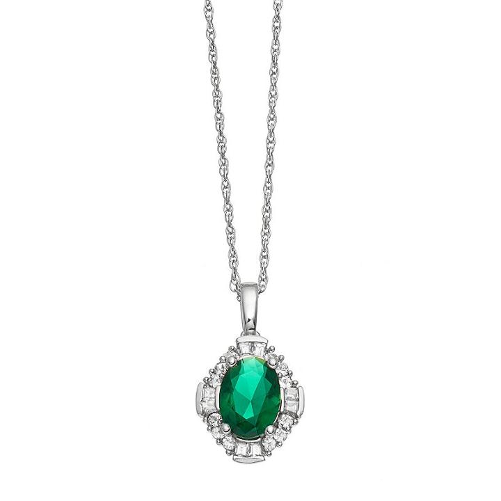 Sterling Silver Simulated Emerald & Lab-created White Sapphire Halo Pendant Necklace, Women's, Green