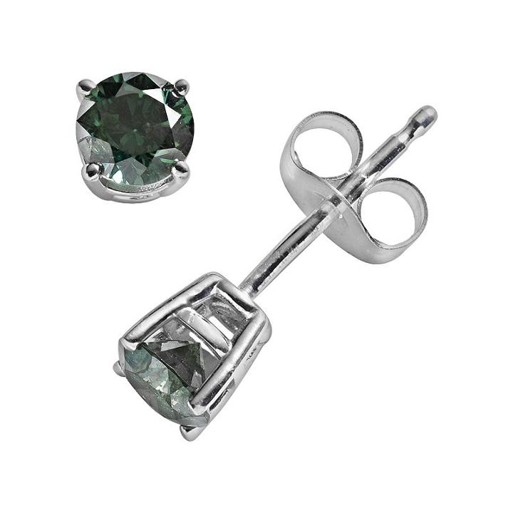 10k White Gold 1/2-ct. T.w. Green Round-cut Diamond Solitaire Stud Earrings, Women's