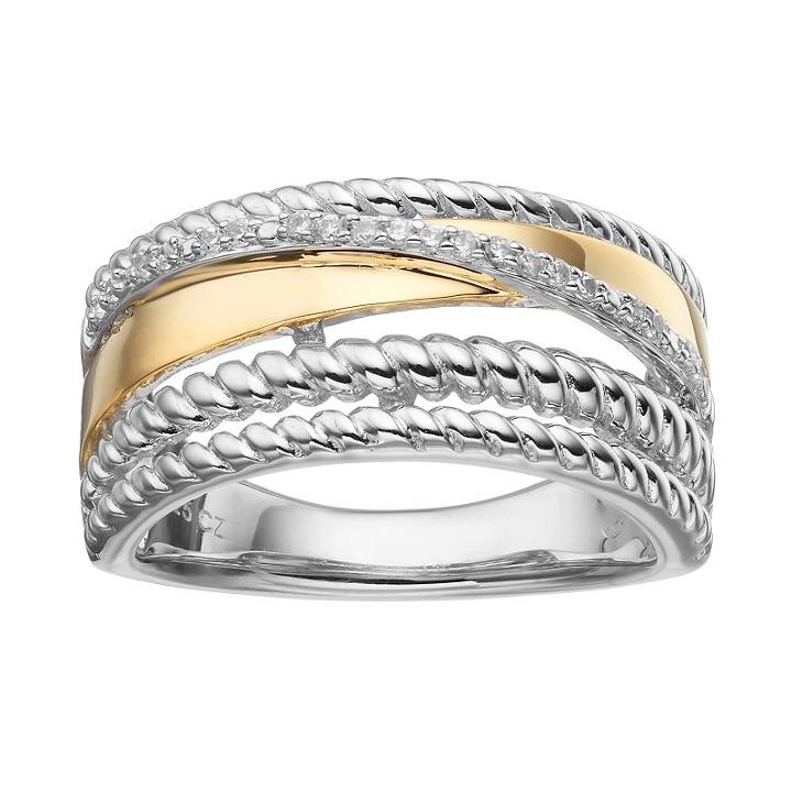 Two Tone Sterling Silver 1/10 Carat T.w. Diamond Crisscross Ring, Women's, Size: 5, White