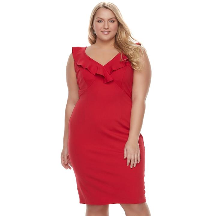 Juniors' Plus Size Wrapper Ruffle Ponte Midi Dress, Teens, Size: 2xl, Red