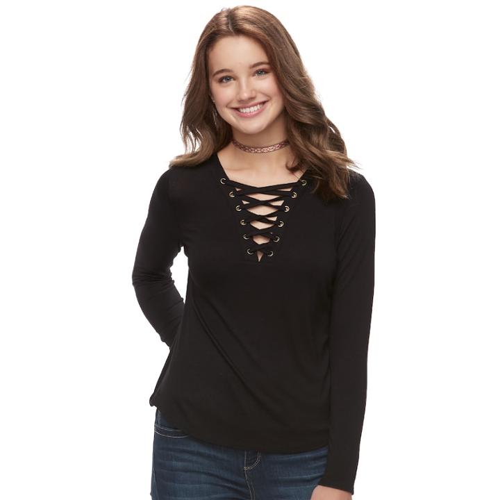 Juniors' Pink Republic Solid Lace-up Top, Teens, Size: Xs, Black