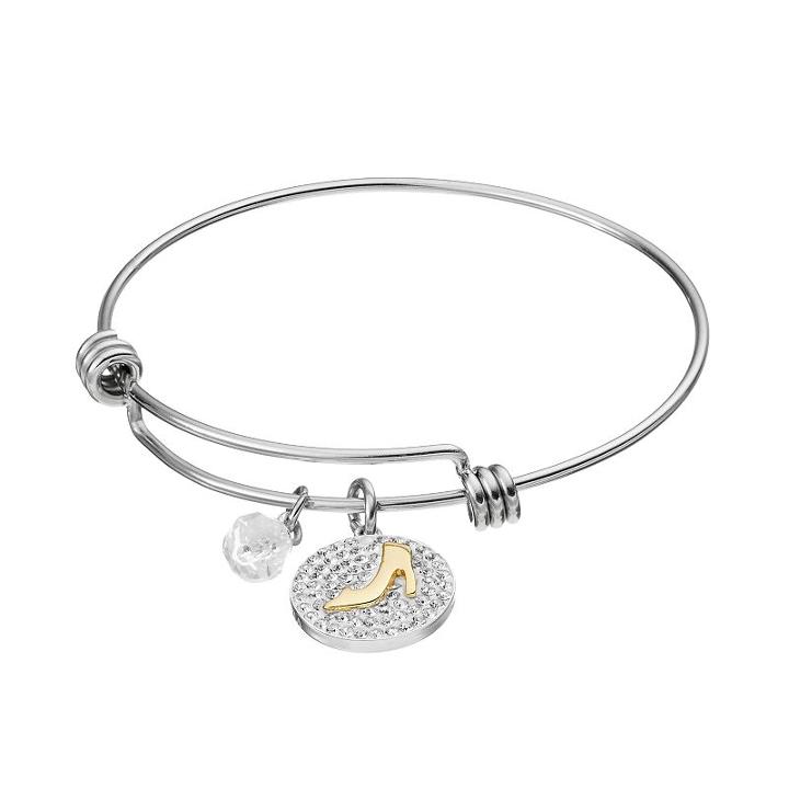 Disney's Cinderella Two Tone If The Slipper Fits Disc Charm Bangle Bracelet, Women's, Grey