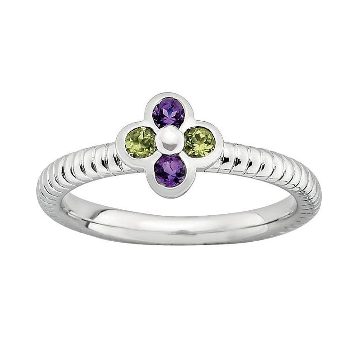 Stacks And Stones Sterling Silver Amethyst And Peridot Ribbed Flower Stack Ring, Women's, Size: 6, Multicolor