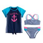 Girls 4-6x So&reg; Seas The Day Rashguard, Striped Bikini Top & Bottoms Swimsuit Set, Size: 5-6, Blue