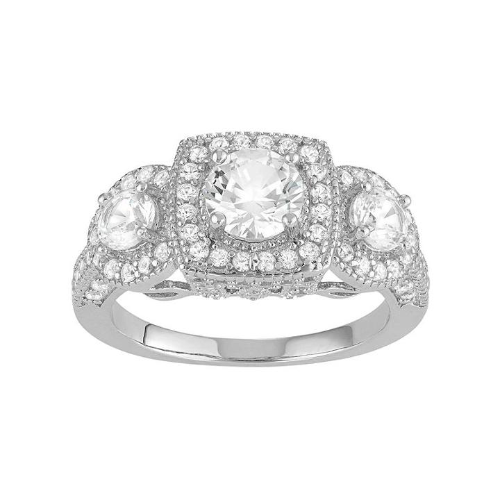 Sterling Silver Lab-created White Sapphire 3-stone Halo Engagement Ring, Women's, Size: 6
