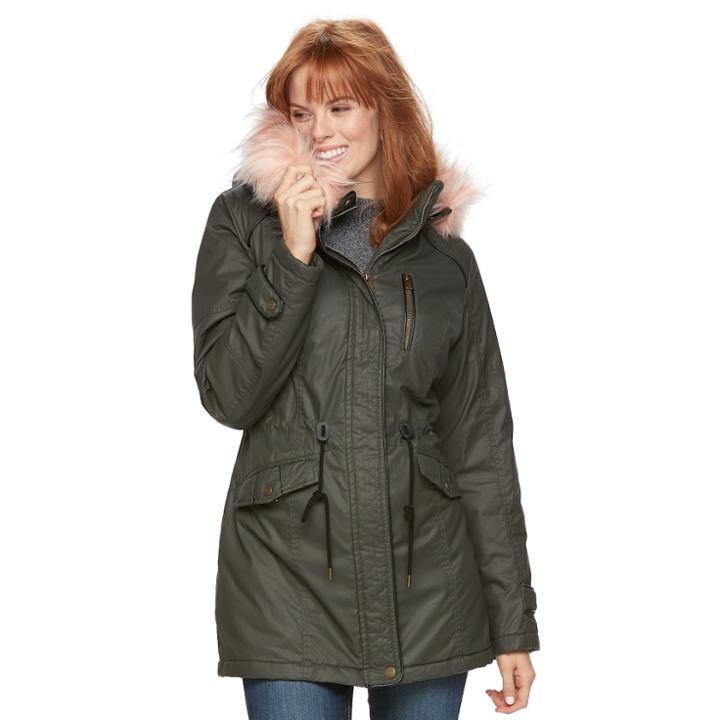 Women's Sebby Collection Faux-fur Trim Parka, Size: Small, Green Oth
