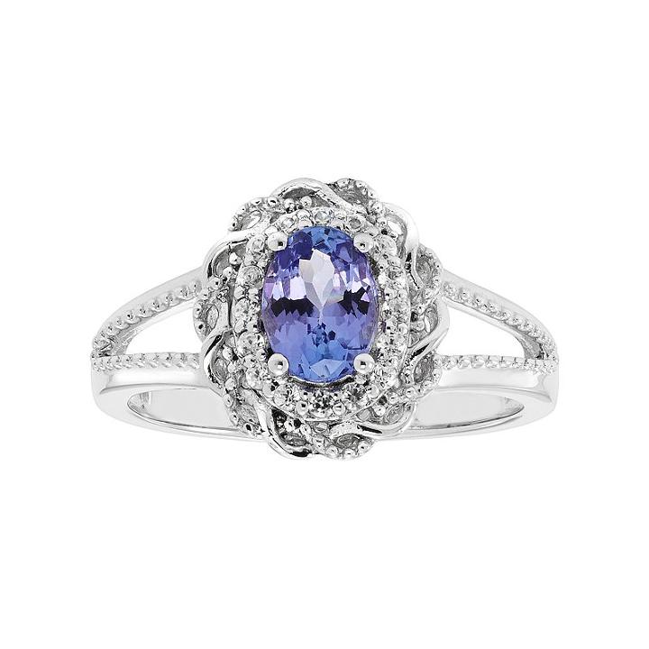 Sterling Silver Tanzanite & White Zircon Scalloped Oval Halo Ring, Women's, Size: 7, Blue