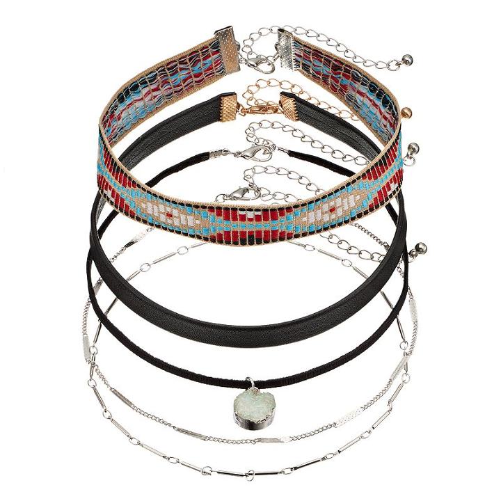 Mudd&reg; Black Faux Leather, Embroidered & Simulated Drusy Choker Necklace Set, Women's, Multicolor