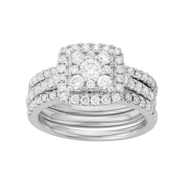 14k White Gold 1 3/4 Carat T.w. Diamond Square Halo Engagement Ring Set, Women's, Size: 7