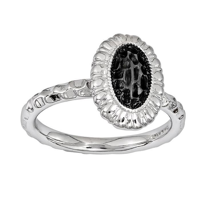 Stacks And Stones Rhodium- And Black Ruthenium-plated Sterling Silver Textured Frame Stack Ring, Women's, Size: 9