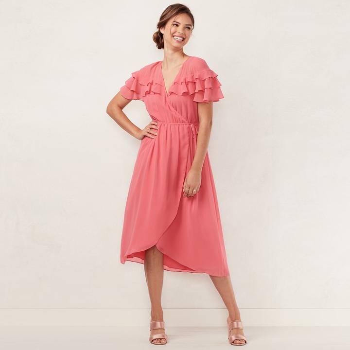 Women's Lc Lauren Conrad Ruffle Faux-wrap Midi Dress, Size: Medium, Med Pink