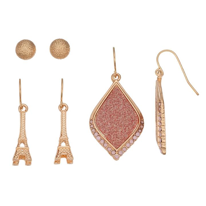 Mudd&reg; Eiffel Tower & Glittery Oblong Nickel Free Earring Set, Women's, Gold