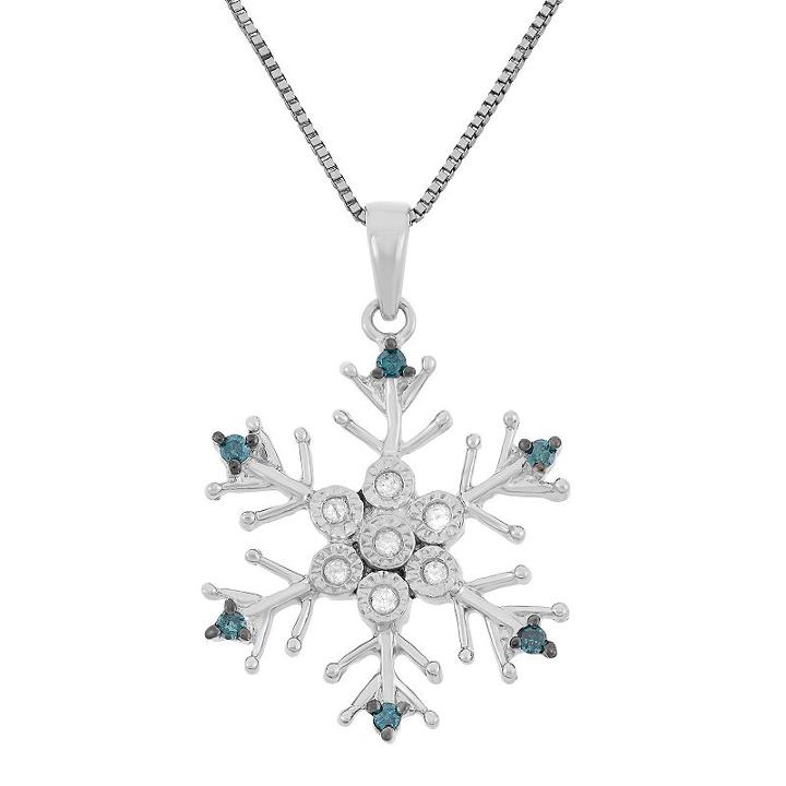 1/10 Carat T.w. Blue And White Diamond Sterling Silver Snowflake Pendant Necklace, Women's, Size: 18