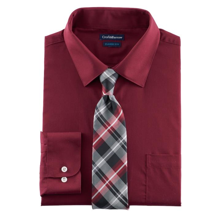 Men's Croft & Barrow&reg; Classic-fit Striped Dress Shirt And Patterned Tie, Size: L-34/35, Dark Red