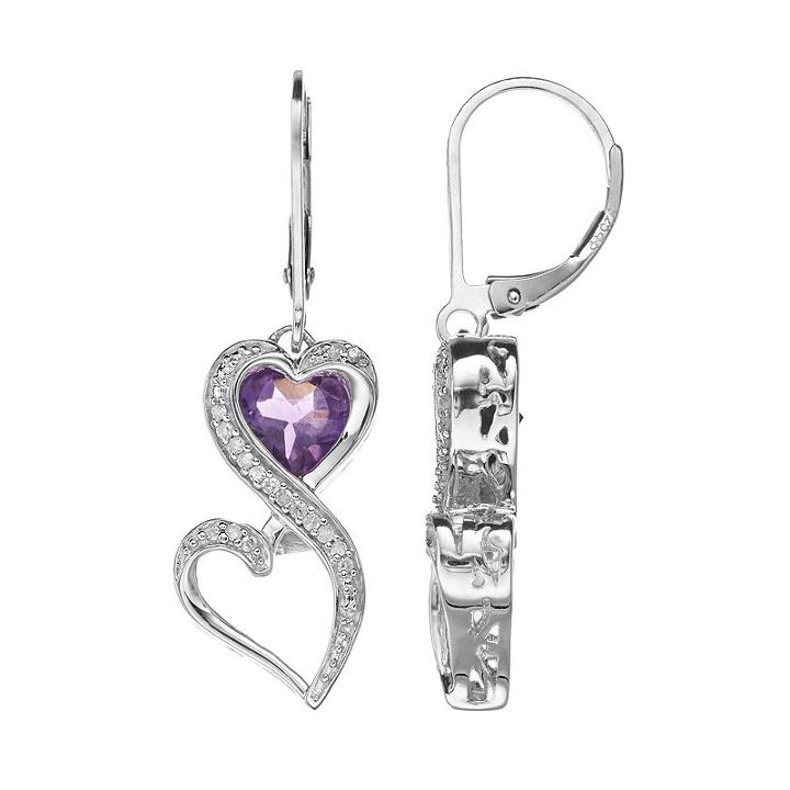 Love Is Forever Sterling Silver Amethyst And 1/10-ct. T.w. Diamond Double Heart Drop Earrings, Women's, Purple
