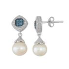 Freshwater Cultured Pearl & Blue Diamond Accent Sterling Silver Halo Drop Earrings, Women's