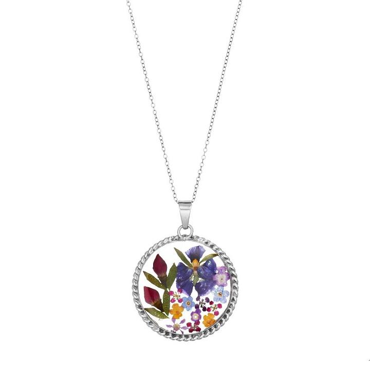Sterling Silver Pressed Flower Circle Pendant Necklace, Women's, Size: 18, Multicolor