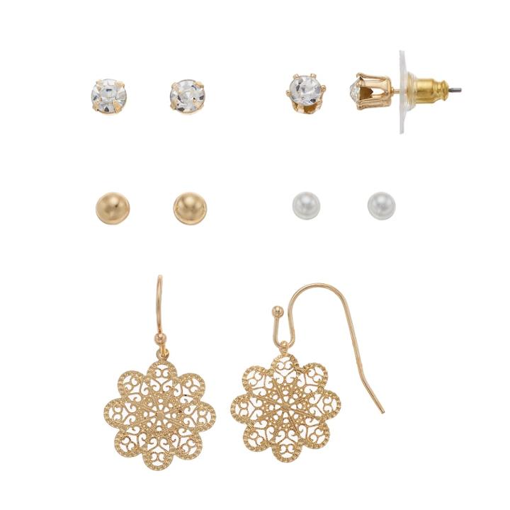 Lc Lauren Conrad Filigree Flower Nickel Free Earring Set, Women's, Gold
