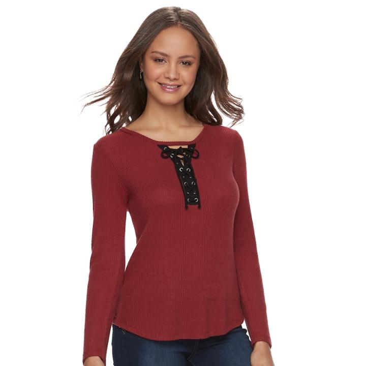 Juniors' Pink Republic Lace-up Long Sleeve Top, Teens, Size: Large, Dark Brown