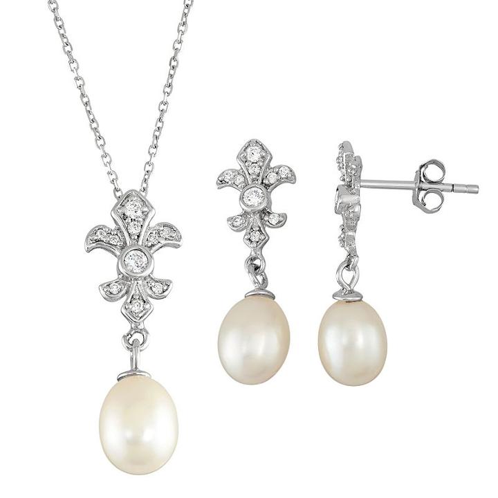 Sterling Silver Freshwater Cultured Pearl Fleur-de-lis Pendant & Drop Earring Set, Women's, Size: 18, White