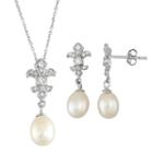 Sterling Silver Freshwater Cultured Pearl Fleur-de-lis Pendant & Drop Earring Set, Women's, Size: 18, White
