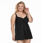 Plus Size Beach Scene Tummy Slimming Flyaway Swimdress, Women's, Size: 16 W, Black