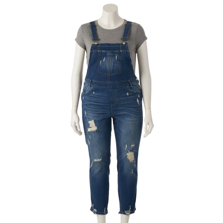 Juniors' Plus Size Almost Famous Destructed Denim Overalls, Teens, Size: 14 W, Dark Blue