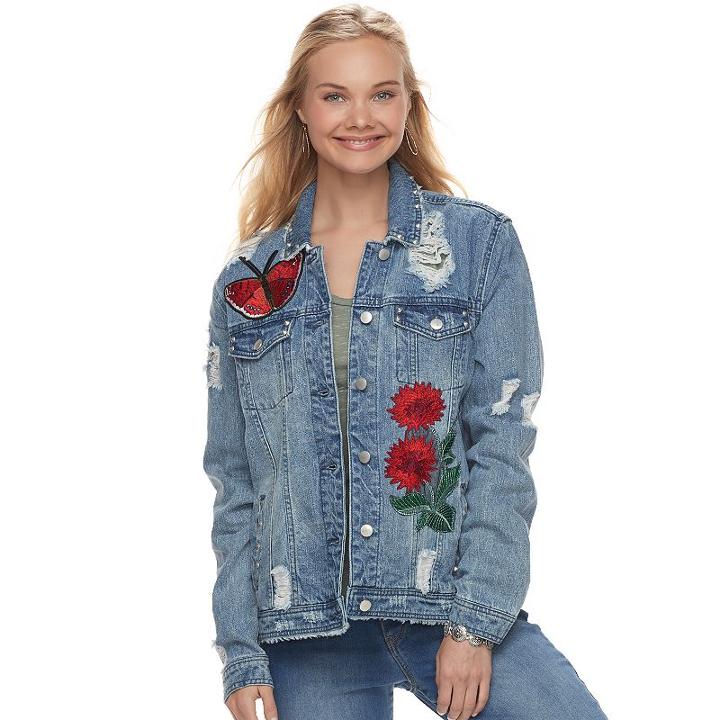 Juniors' Love, Fire Oversized Embroidered Denim Jacket, Teens, Size: Large, Blue (navy)